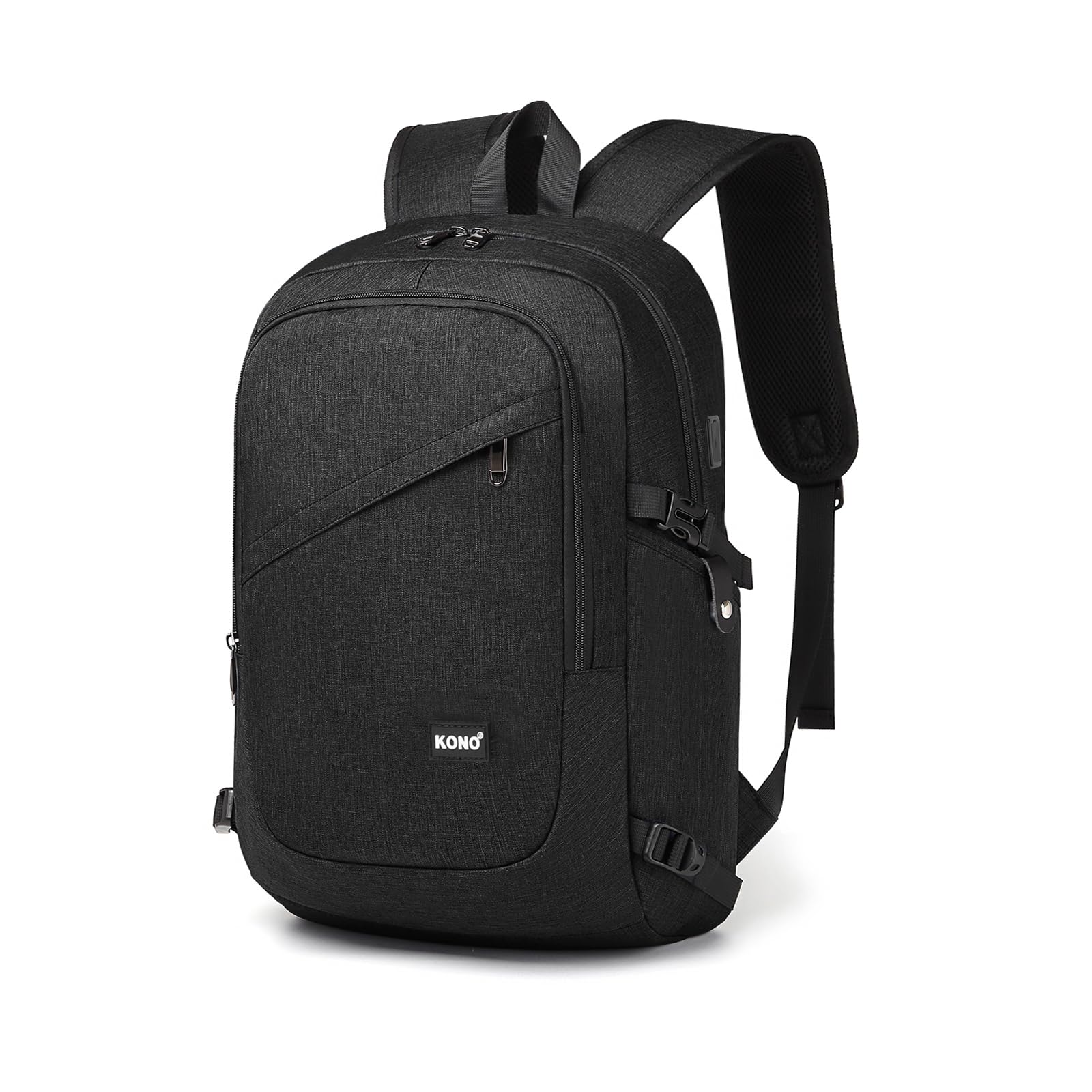 KONO Rucksack Herren, Laptop Rucksack 17,3 Zoll Anti-Diebstahl mit USB-Ladeanschluss, Schulrucksack Notebook Business Rucksack für Arbeit, Reisen und College, Schwarz