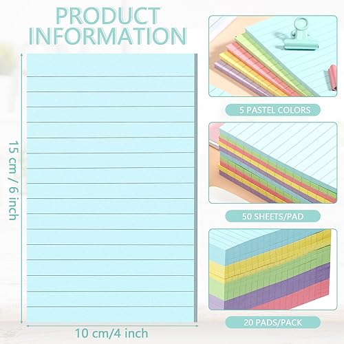 Miniatura 2 de Thenshop 20 notas adhesivas forradas de 4 x 6 pulgadas, bloc de notas adhesivas con rayas pastel para suministros de oficina en casa, 50 hojasbloc