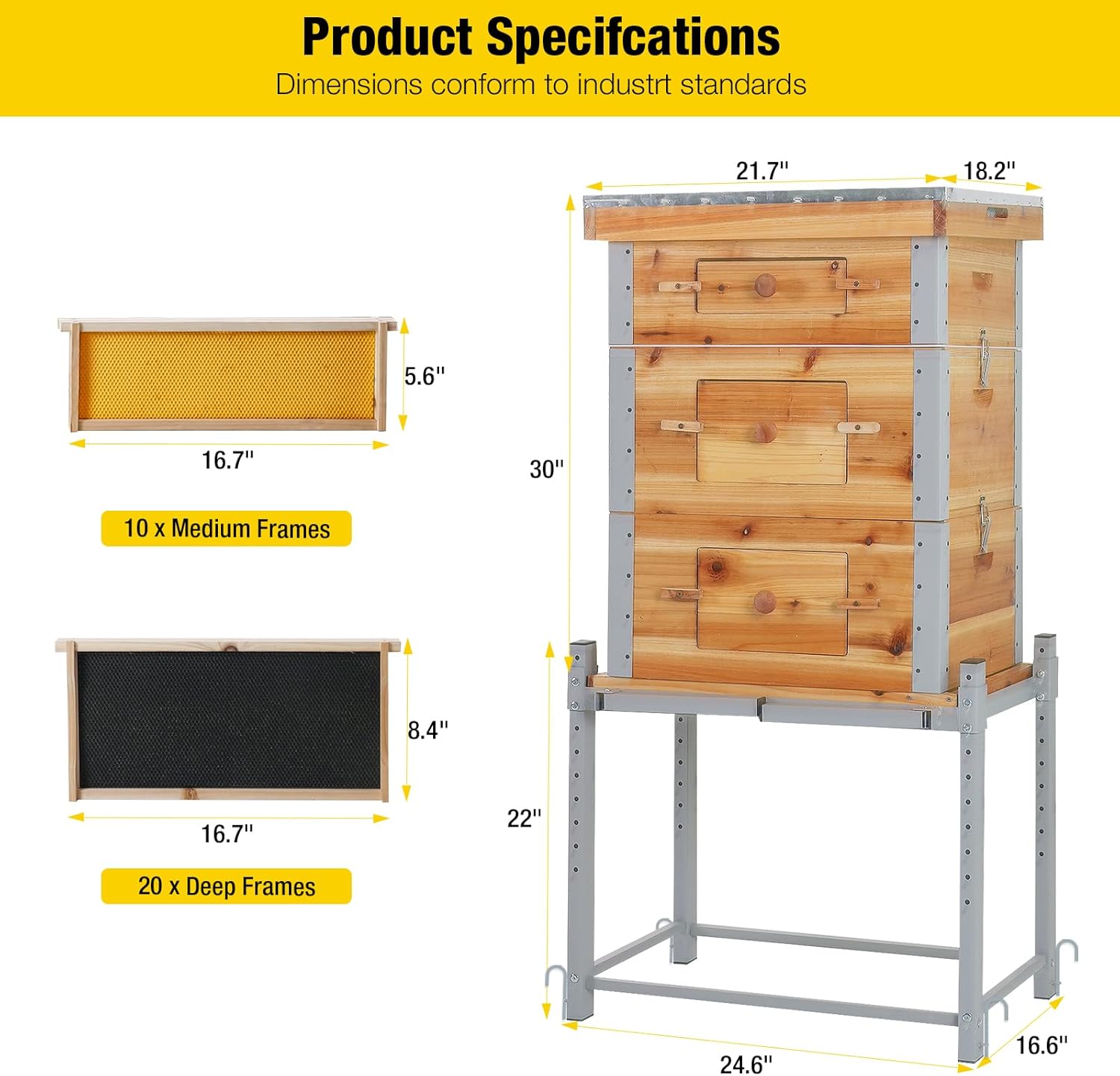 Aivituvin Bee Hive Bee Box 10 Frame Upgrade with All -Around Metal Frame Bee Castle Coated with 100% Beeswax Includes Waxed Foundations,2 Deep Boxes & 1 Medium Box - Image 6