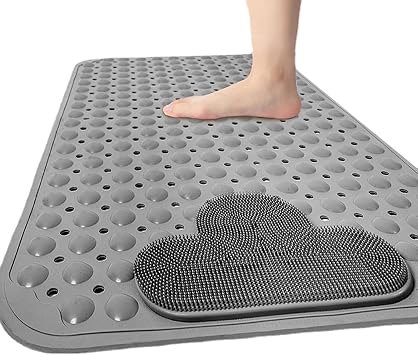 Bath and Shower Safety Mats with Foot Massage,Large Foot Scrubber Mat in Shower,Non Slip with Suction Cups for Bathroom Stall and Tub Floor,Foot Clean and Massage Feet Without Bending Over Grey