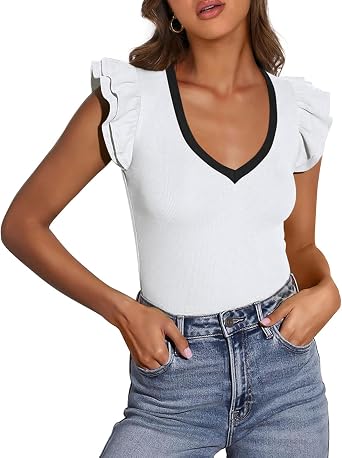 Womens Summer Sleeveless Tops V Neck Ruffle Shirts Ribbed Knit Tank Top Sexy Blouse Going Out Casual Blouses Trendy