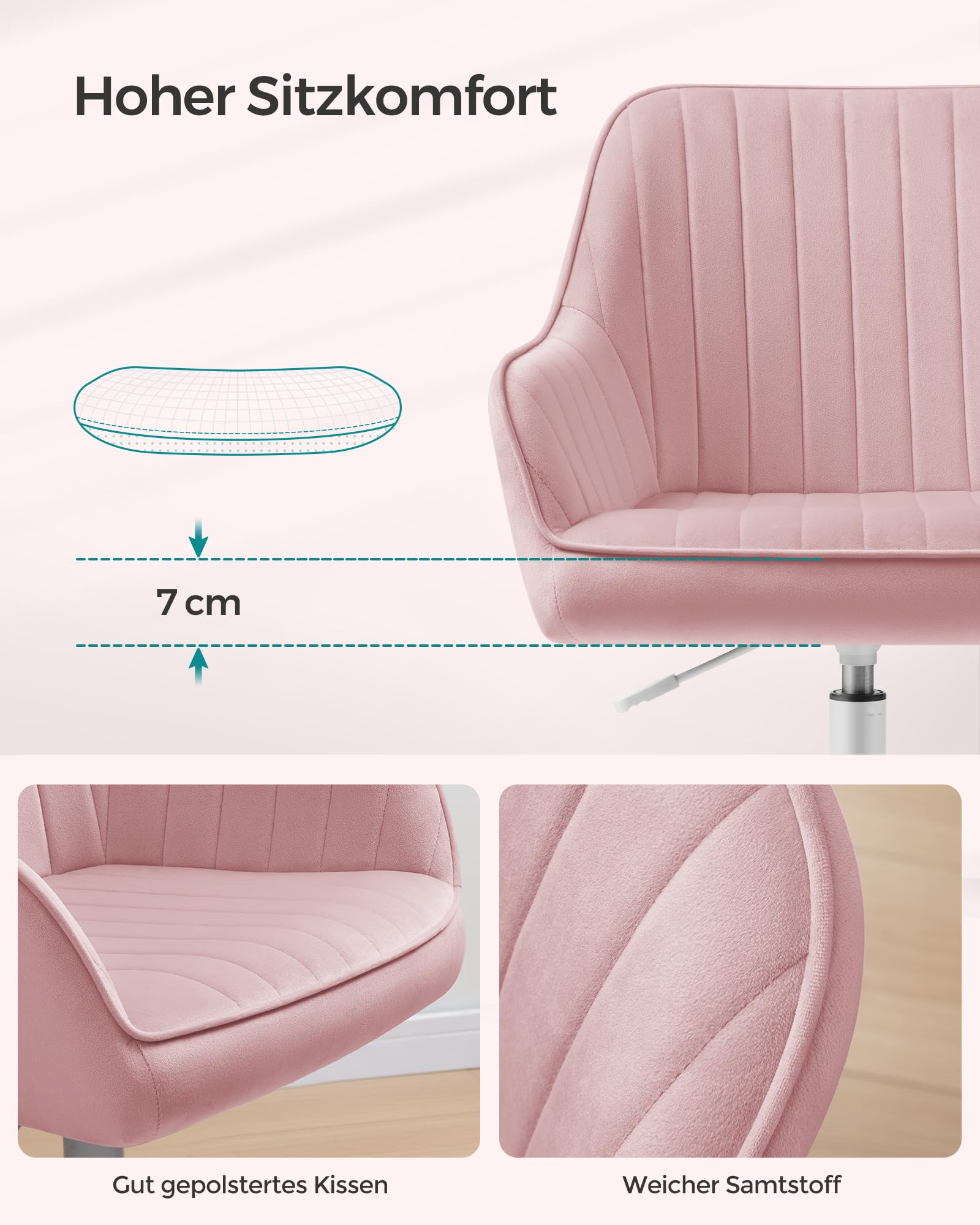 SONGMICS Bürostuhl, Drehstuhl mit Samtbezug, Schaumstoffpolsterung, höhenverstellbar, für Arbeitszimmer, Bar, pastellrosa OBG012R01
