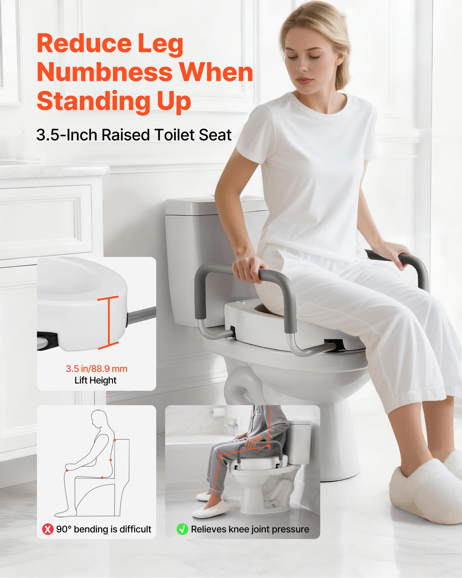 VEVOR Sedile WC Rialzato da Bagno con Capacità di Carico di 136 kg e Altezza di Sollevamento di 88,9 mm, Sedile WC Rialzato e Allargato Universale con Braccioli per Anziani, Disabili, Adulti