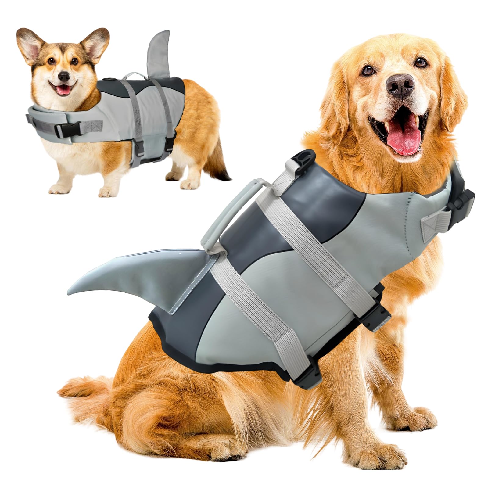 Giubbotto Salvataggio per Cani Squalo, Salvagente per Cane con Maniglia, SalvagenteAnimali Domestici Regolabile, Aiuto al Galleggiamento-Cane, Giubbotto SalvagenteCane (L)
