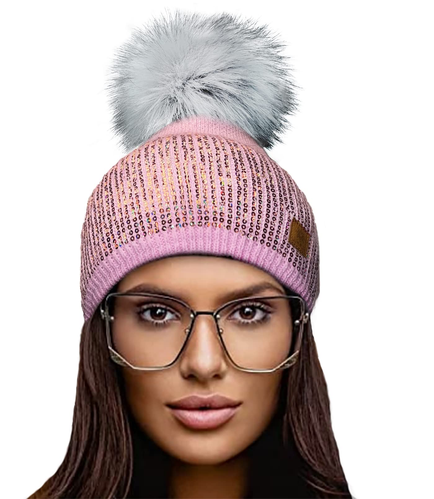 4Sold Women's Pink Winter Hat Knitted Beanie Large Pom Pom Cap Ski Snowboard Hats Bobble Small Crystals Sequins (Pink)