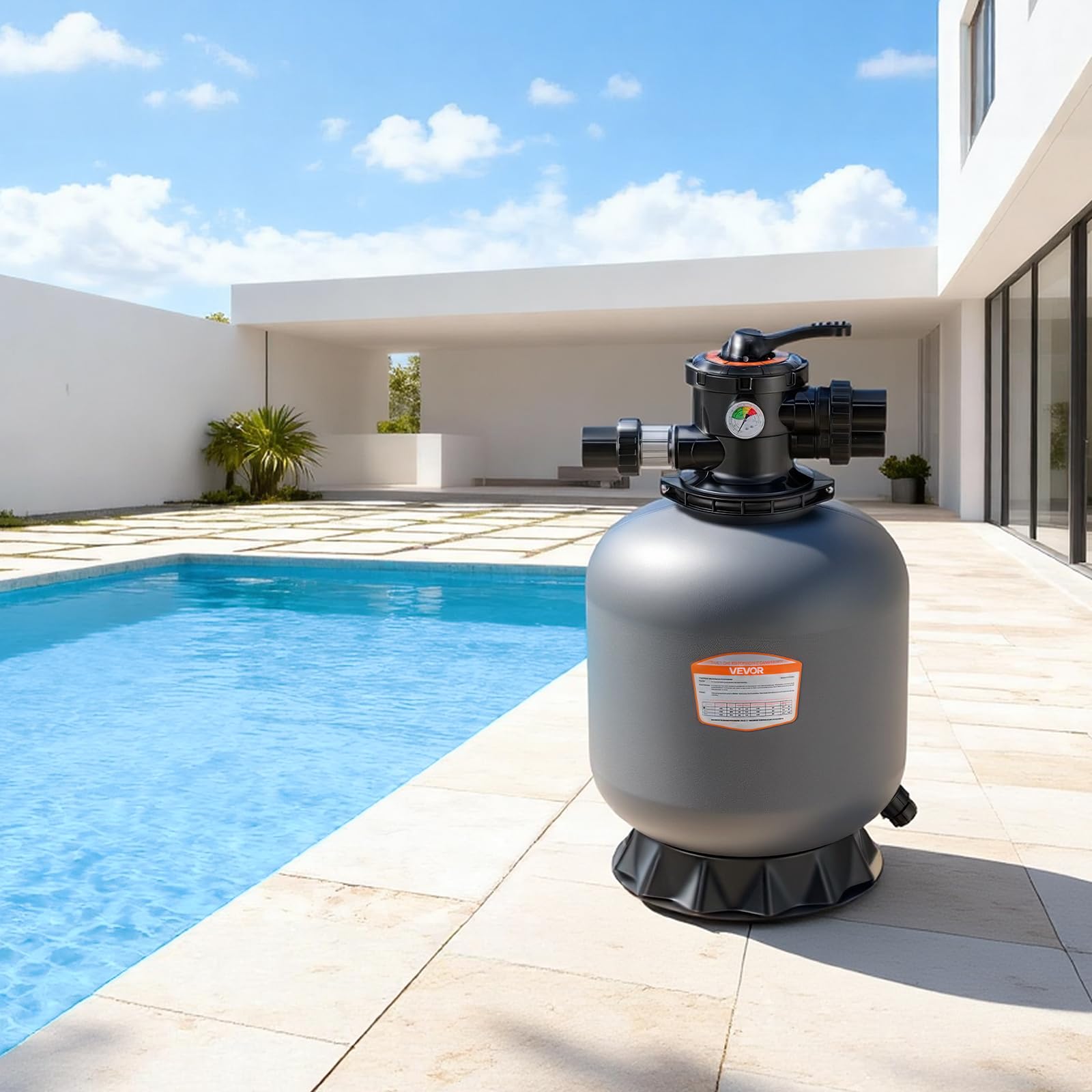 VEVOR Filtre à Sable 45,2 cm Filtre à Sable Piscine 151,4 L/Min pour Piscine Hors Sol Creusée, Vanne à 7 Voies, Filtration, Lavage à Contre-Courant, Rinçage, Recirculation, Vidange, Hivernage, Fermé