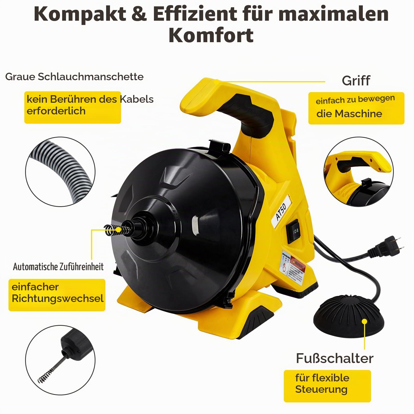 Reinigungsspirale Akku-Rohrreiniger 9m, Automatische Elektrischer Abflussreiniger für 20-60mm Rohrverstopfungen Verwende, Kabel in Klavierdraht, mit Fußschalter, für Waschbecken/Toiletten/Bodenabläufe