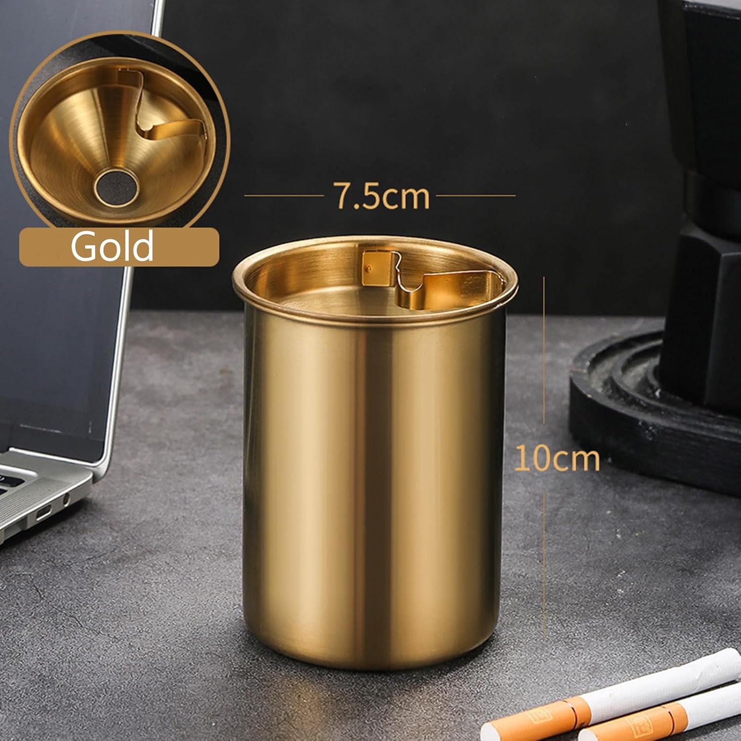 Stainless Steel Ash Trays, 2pcs Large Outdoor Cigarette Ashtray Windproof, Ashtrays for Smokers, Home Office Decoration (Black & Gold)