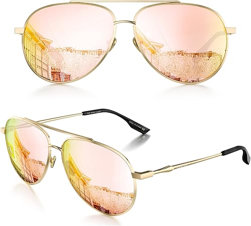 Anteojos de sol de aviador polarizados de espejo con estuche para mujer LUENX Protección UV 400