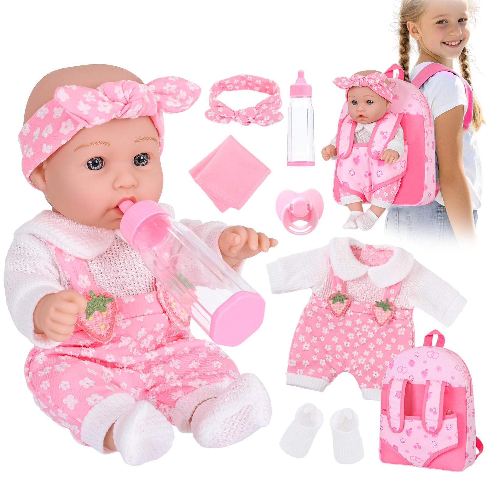 DONTNO 12" Baby Doll with Backpack Carrier in Gift Box,12 Inch Realistic Baby Dolls with Clothes and Accessories,Toy Pretend Play Collection for 3+ Child Girls Gifts