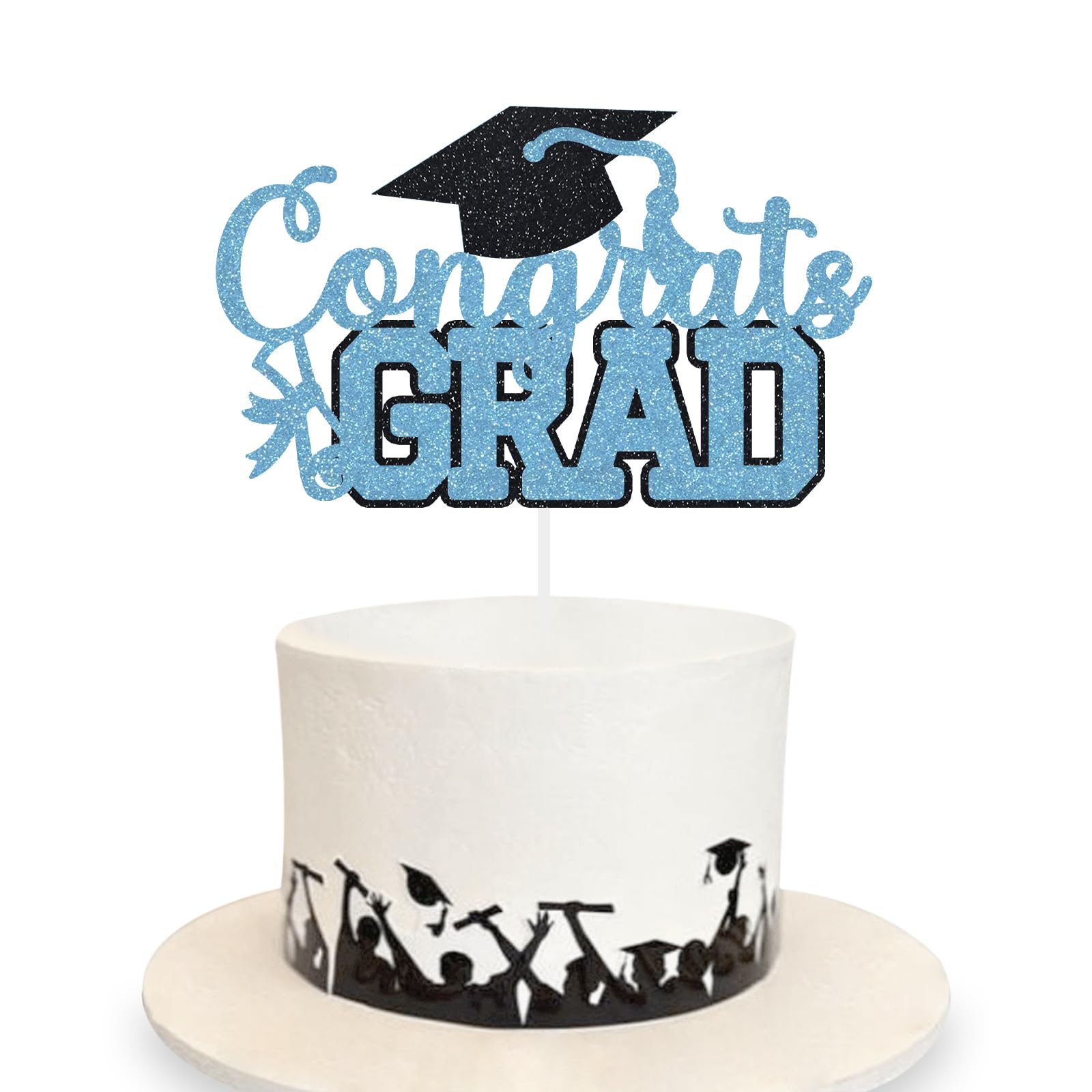 Congrats Grad Cake Topper Graduation Party Table Ideas Glitter Junior High School College University Decorations Light Blue