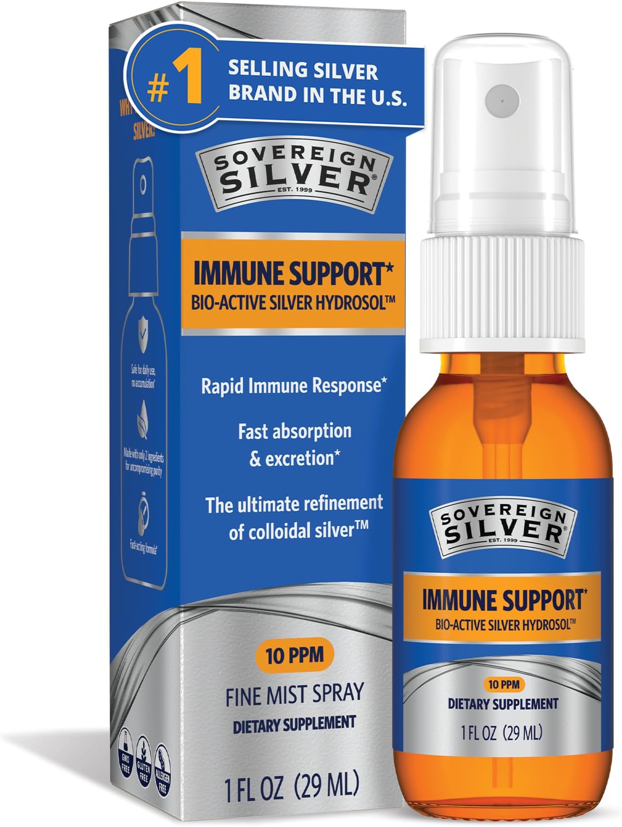 Sovereign Silver Immune Support, Colloidal Silver, Fine Mist Spray, 1 fl oz | Bio-Active Silver Hydrosol, 10 ppm