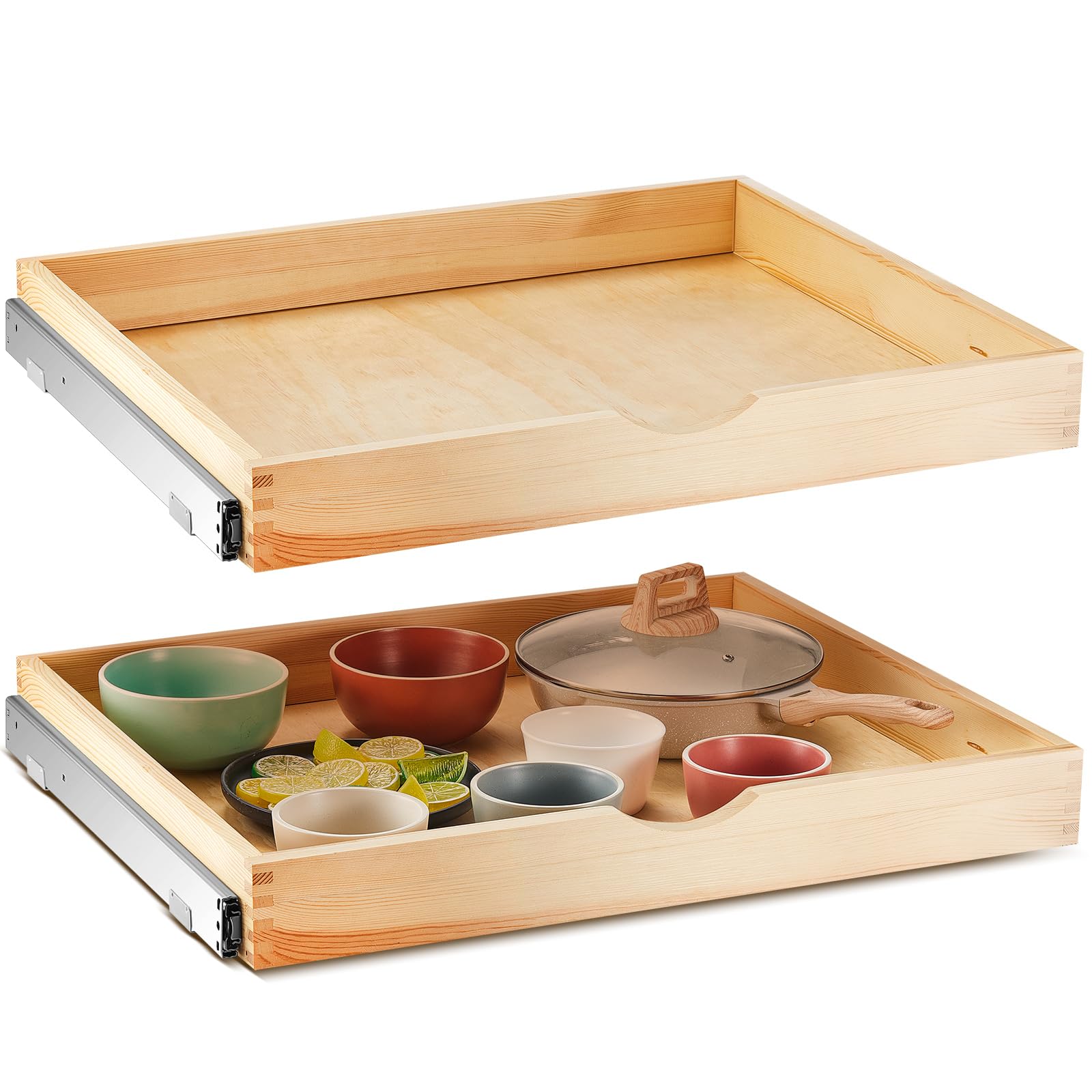 2 Set Pull out Tray Cabinet Organizer Wooden Pull Drawers storage Slide out Pantry Shelf for Base Cabinet Kitchen Gentle Close Fully Assembled Accessories(Wood Color,27'' X 21'' X 3")