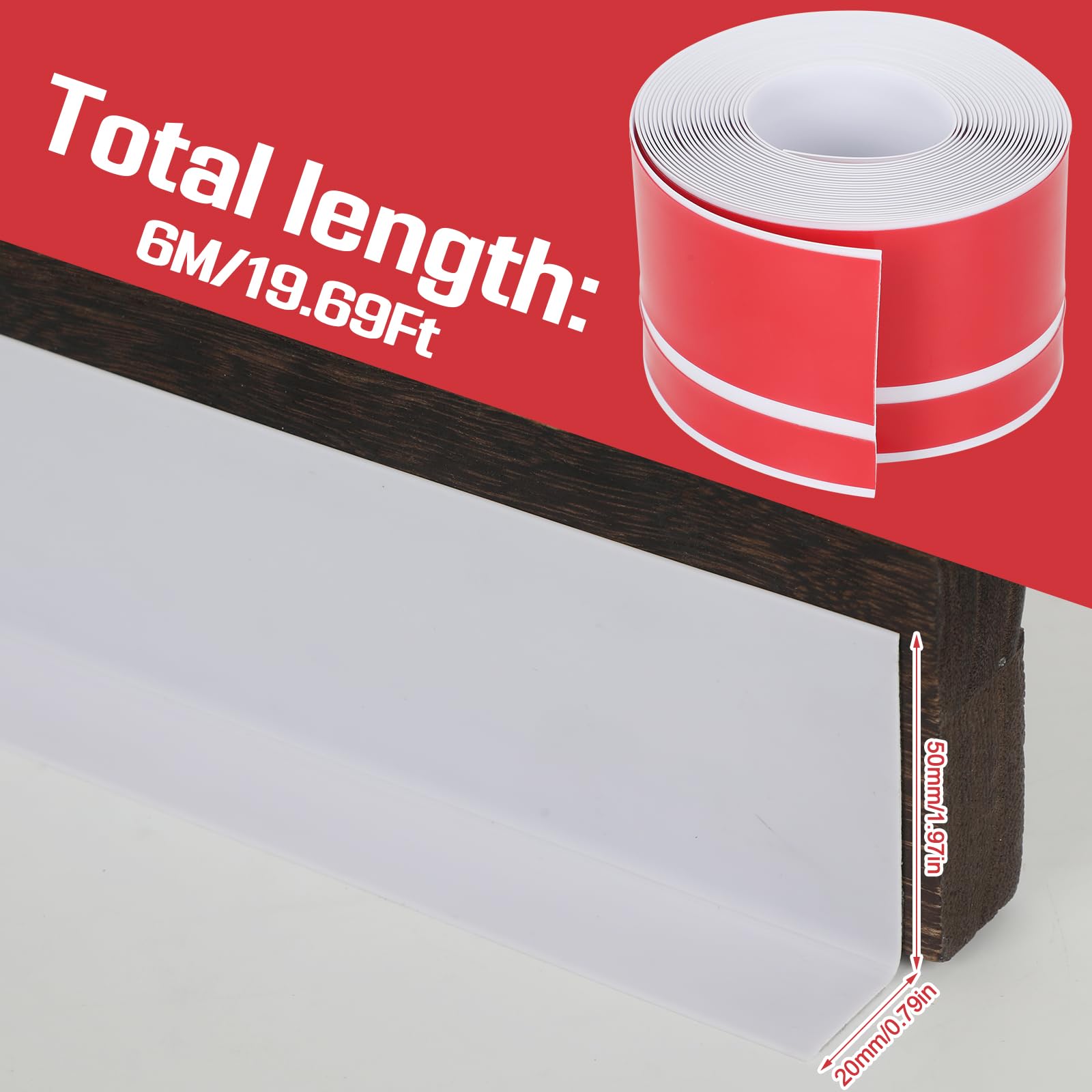 Zócalo de PVC para zócalo, 70 mm, autoadhesivo, flexible, para base de pared, moldura de pared, moldura de PVC en ángulo y tiras de molduras, fácil instalación (blanco, 6 m)