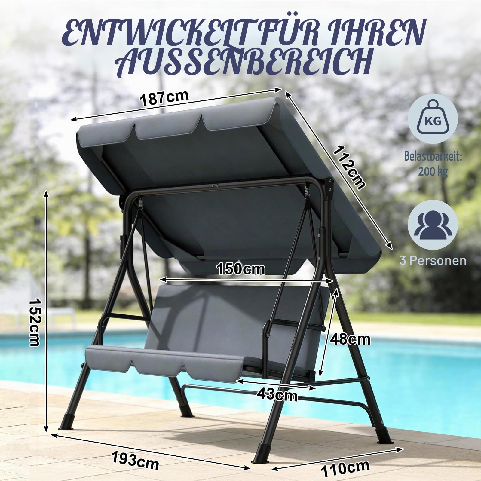 Huracan Hollywoodschaukel 3 Sitzer, Gartenschaukel mit Verstellbarem Sonnendach, Wetterfest Gartenliege, Stabile Metallkonstruktion, Schaukelstuhl mit Anti-Rutsch-Füßen, 193x110x152cm, Anthrazit