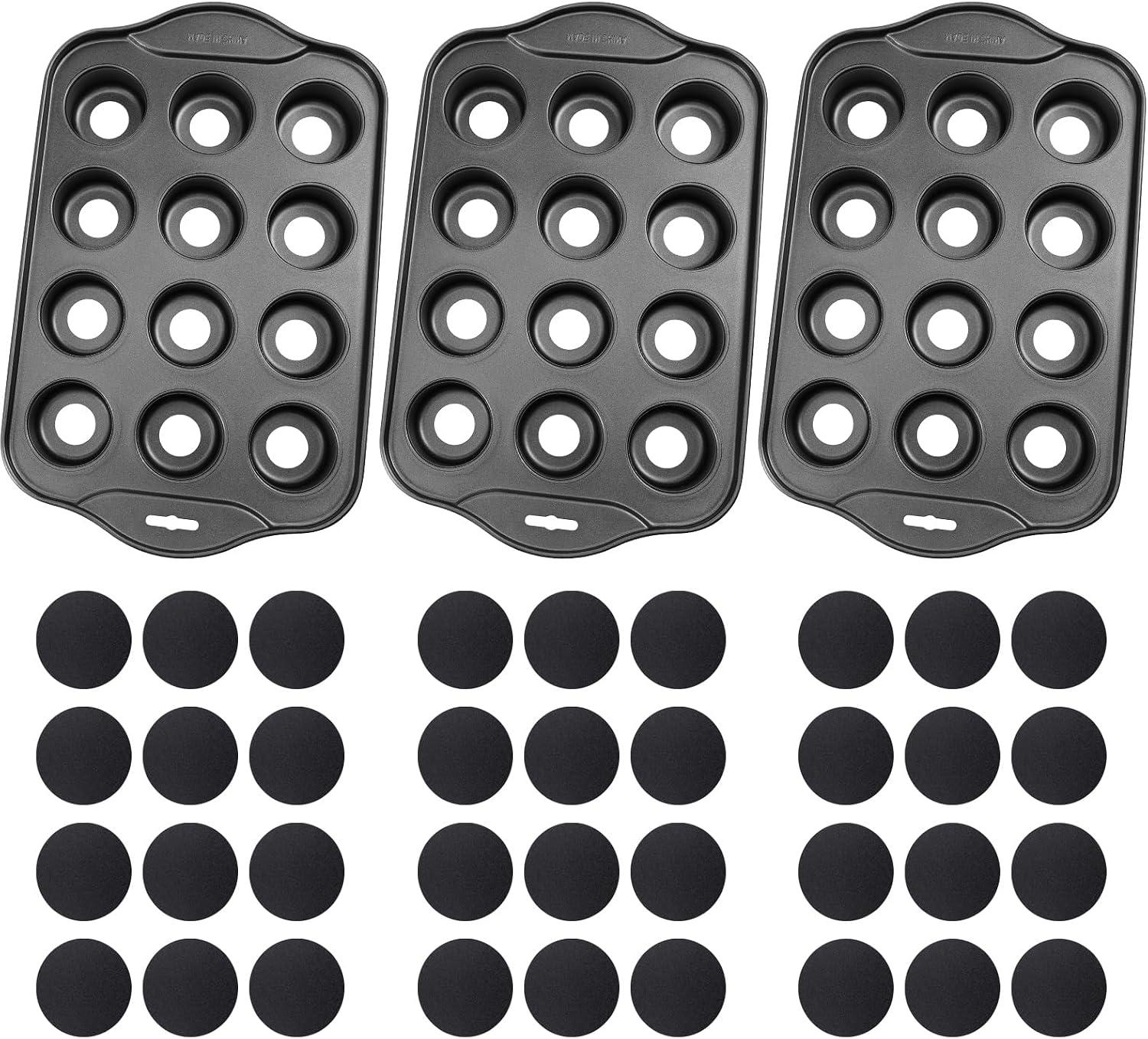 3-Pack Mini Cheesecake Pans Removable Bottom, 12-Cavity Mini Muffin Baking Pan, Carbon Steel Nonstick Round Cupcake Mold, 13" x 8"