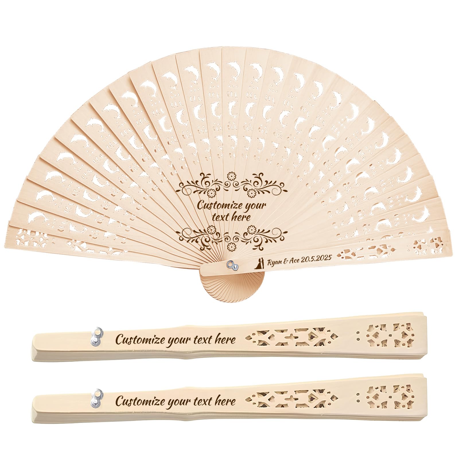 XSTZR 10Pcs personalized wedding fans, custom handheld fans, wedding fans, unique bridal shower party favors, handmade wooden fans for guests (Dolphin wooden fan)