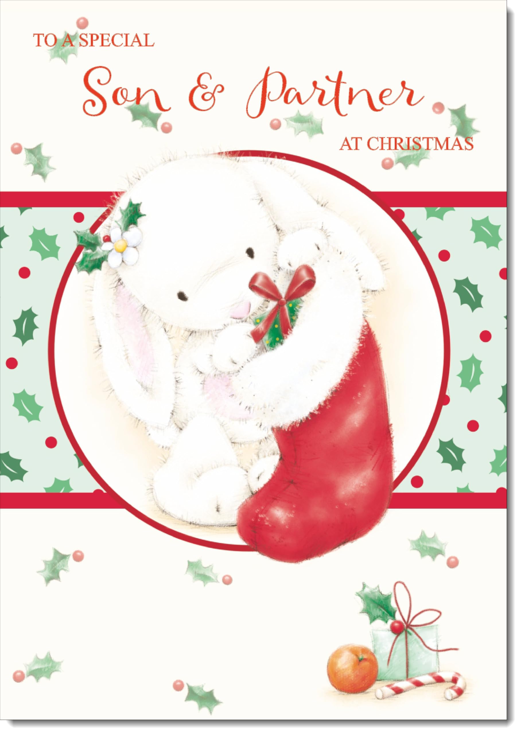 doodlecards Son and Partner Christmas Card Cute Rabbit with Stocking Large A4 Size Christmas Card for Son & Partner with Plain Envelope — image 1