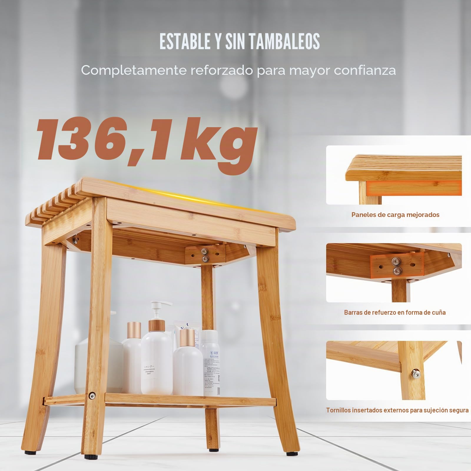 VEVOR Banco de Ducha de bambú, Silla de Ducha Impermeable de 19 Pulgadas con Estante de Almacenamiento, Almohadillas Antideslizantes, Capacidad de Carga de 330 Libras, Asiento de Silla de Ducha, para