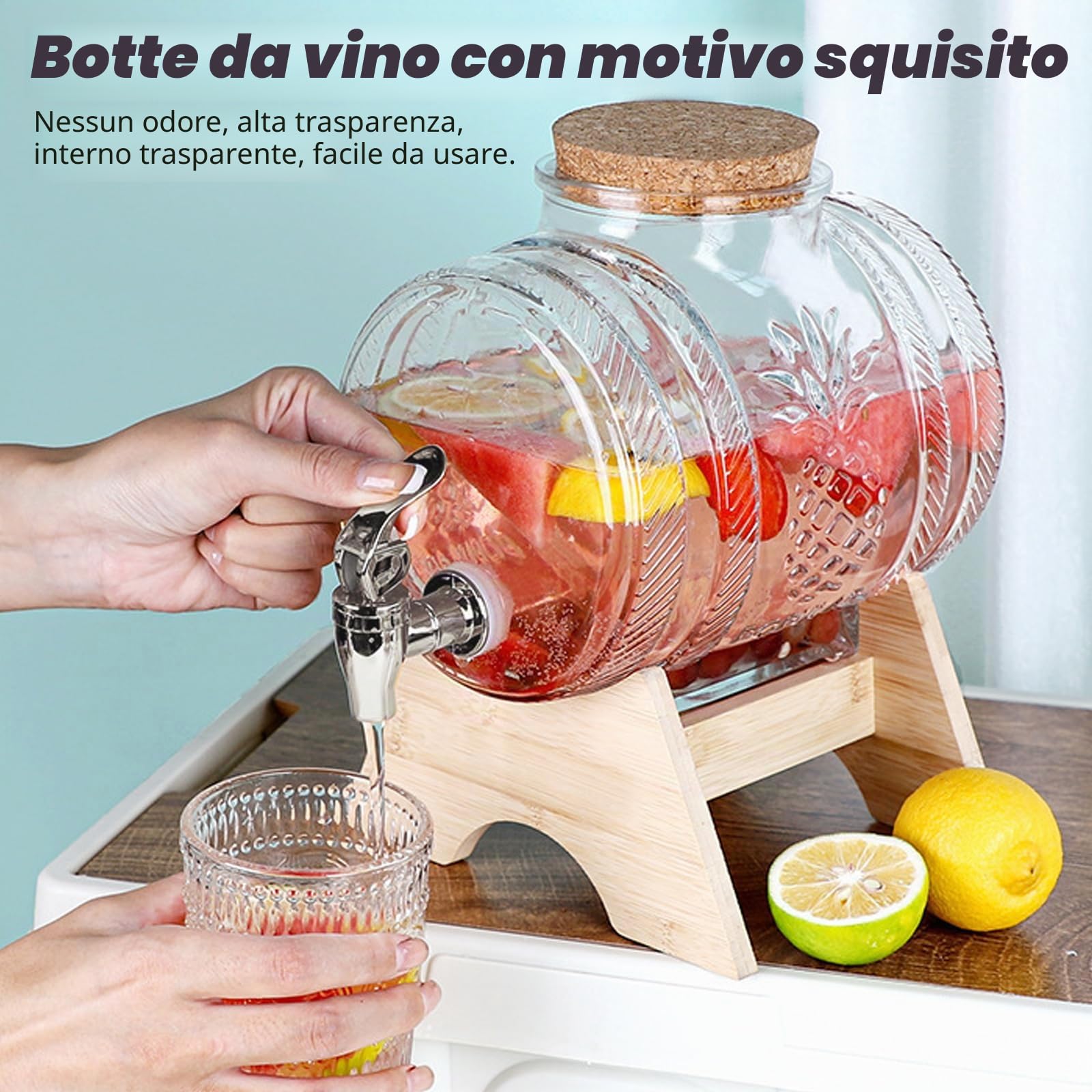 Barilotto con rubinetto, dispenser per bevande in vetro a forma di barilotto con rubinetto e supporto in legno, 1/3 litri, contenitore in vetro con supporto, per vino, whisky, brandy, succhi di