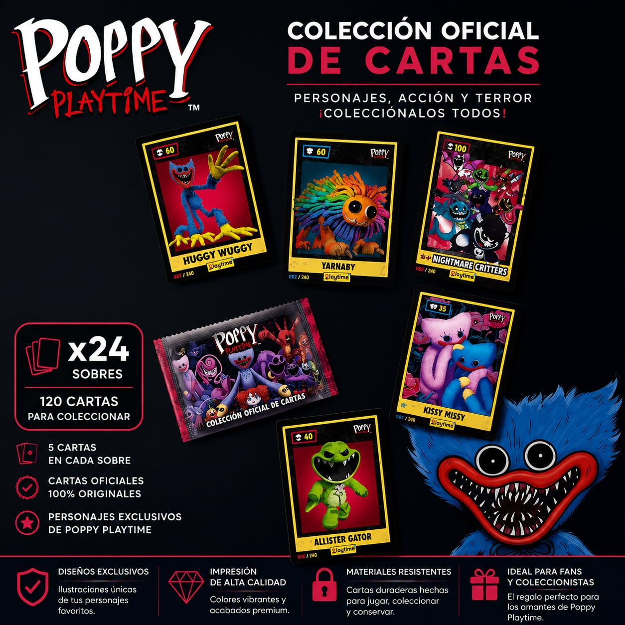 Poppy Playtime Official Card Collection Pack 24 Sobres | 5 Cartas por sobre | Cartas Coleccionables Oficiales para Niños y Fans