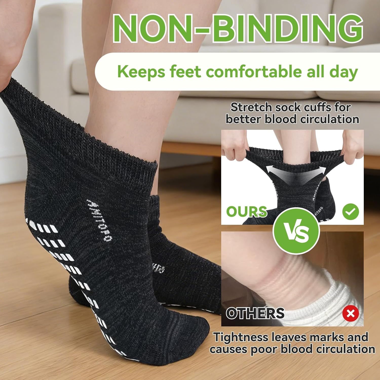 Hellomamma Diabetic Grippy Socks for Women: Non Slip Wide Low Cuff Bamboo Socks for Elderly Hospital Recovery Care 6 Pairs