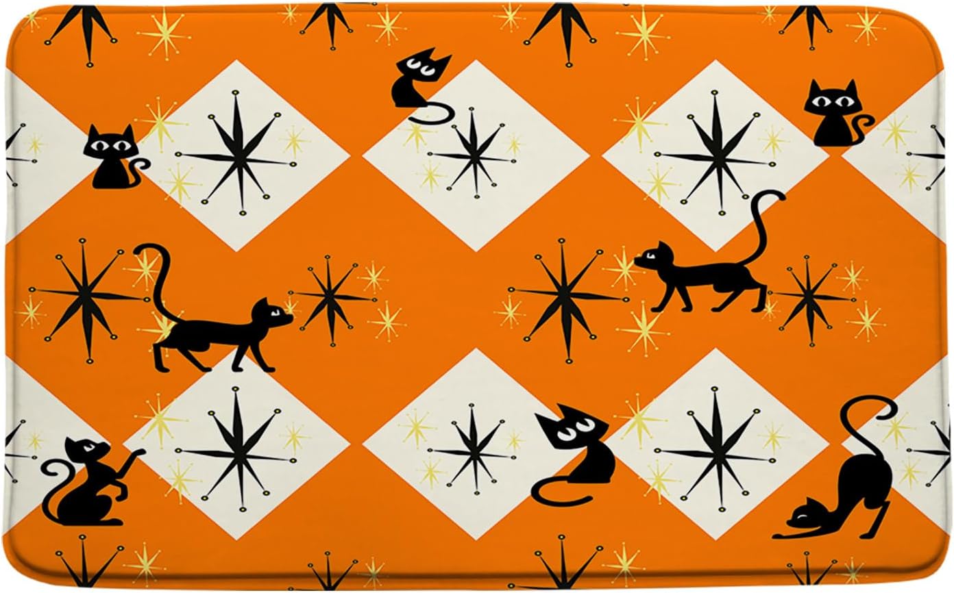 Mid Century Atomic Black Cat Bath Mat Blue Black Atomic Cat Abstract Geometric Minimalist Funny Cat Boho 1950s 60s 70s 16"x24"and 17.8"x29.5"and 16"x48" Bathroom Decor Mat/Rug