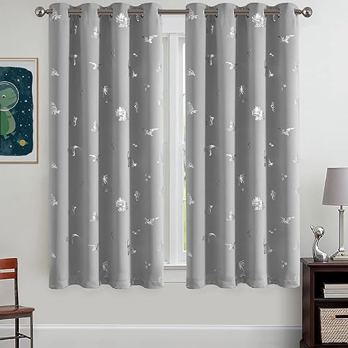 Miniatura 2 de Jinchan Cortinas de dinosaurio para habitación de niños, estampado de lámina plateada, aislamiento térmico, opacas, ojales en la parte superior, 63