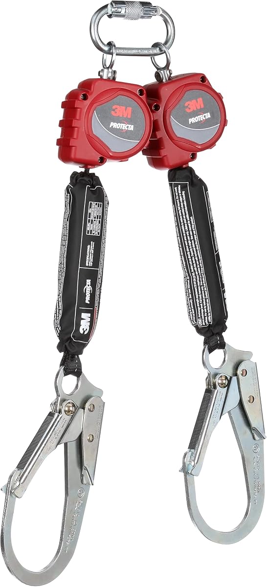 Línea de vida autoretráctil de doble pierna Protecta 3M con mosquetón 3100512, red, ganchos de barra de refuerzo de acero, 6 pies.