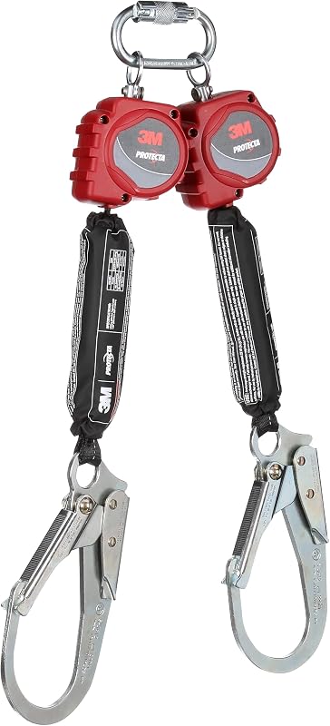 Línea de vida autoretráctil de doble pierna Protecta 3M con mosquetón 3100512, red, ganchos de barra de refuerzo de acero, 6 pies.