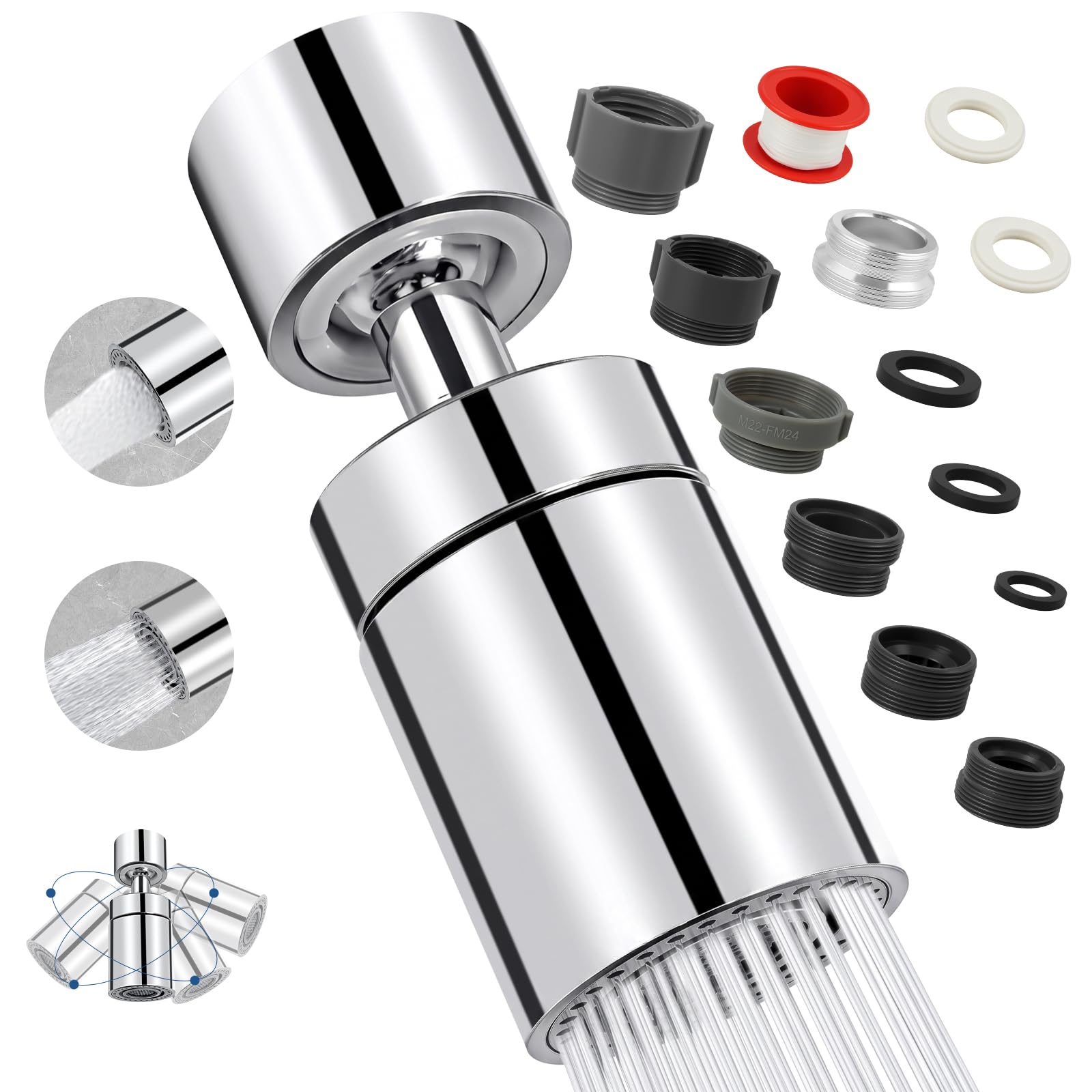NUTKIT Kitchen Tap Spray Head, 360° Kitchen Sink Faucet Aerator, Silver