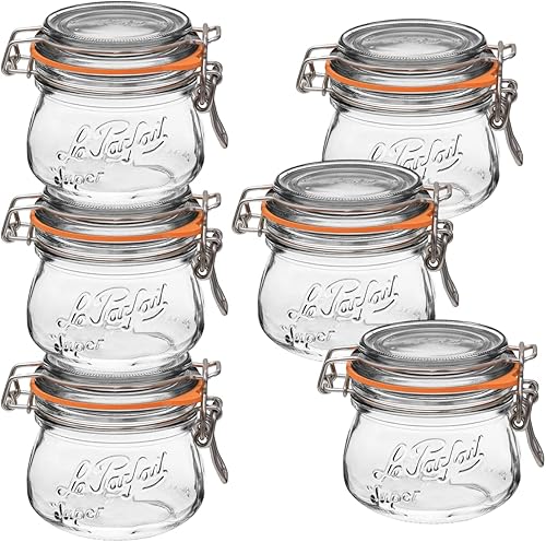 Le Parfait Super Jars Tarros de vidrio para conservas estilo francés, de boca ancha, con cuerpo redondeado, tapas de vidrio y sellos de hule