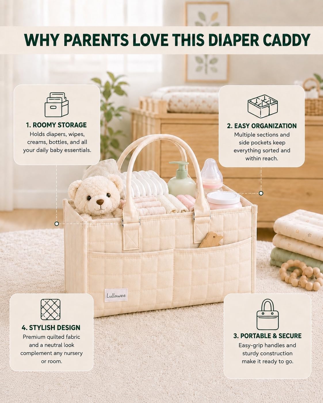 Baby Diaper Caddy Organizer, Portable Nursery Storage Basket with Handle for Newborn Boy or Girl, Gift for Baby Shower Essentials, Registry Must Have Bag, Caddie Car Organizer, Beige
