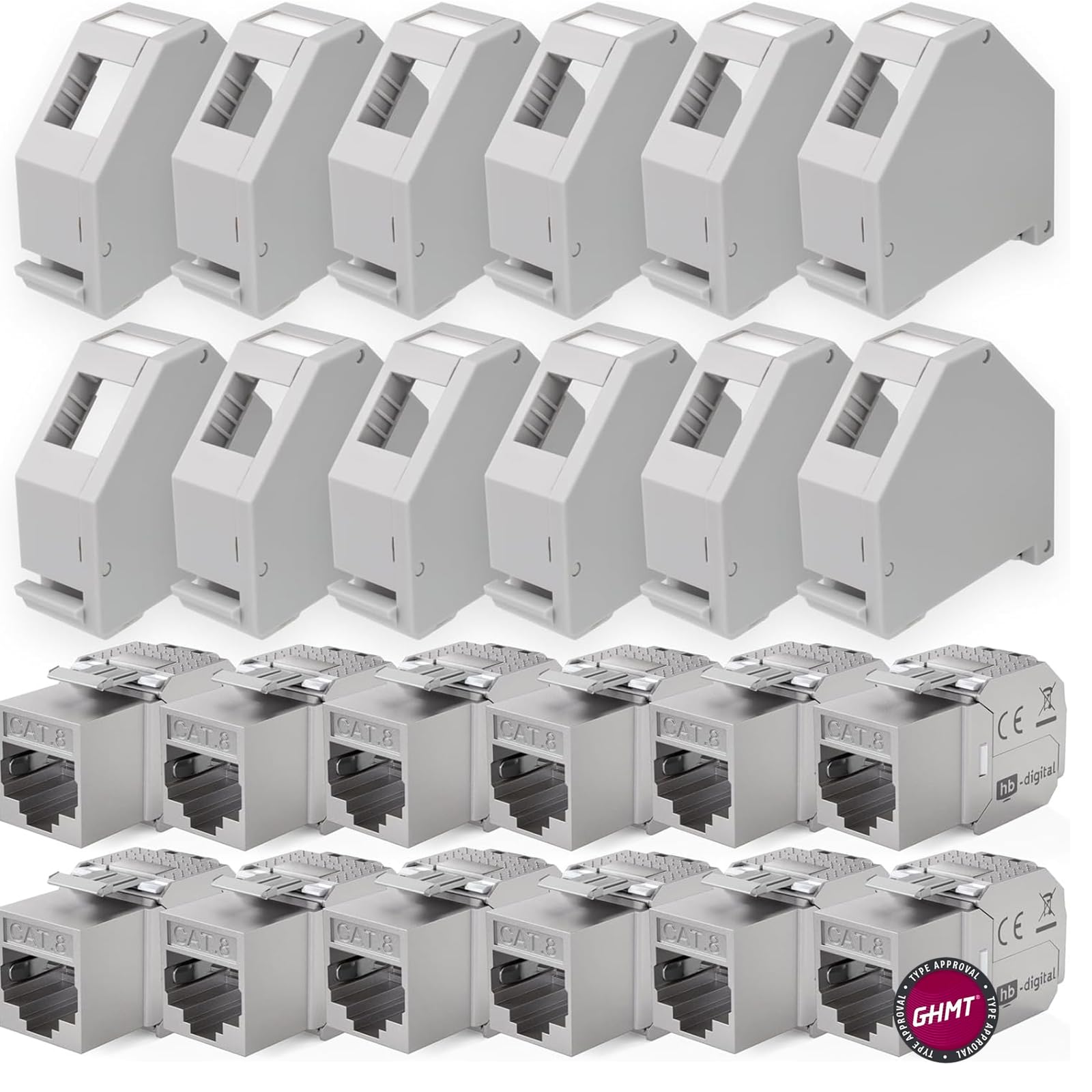 hb-digital Juego de 12 módulos Keystone Cat.8.1 RJ45 + 12 adaptadores de carril para carril de casquillo de 35 mm estándar | RJ35 Jack blindados montaje sin herramientas Ethernet LAN red STP LSA