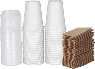 MULMEHË New Disposable 12 oz Paper Coffee Hot Cups, White Travel Sip Lids and Insulated Holder Sleeves, 50 Pack