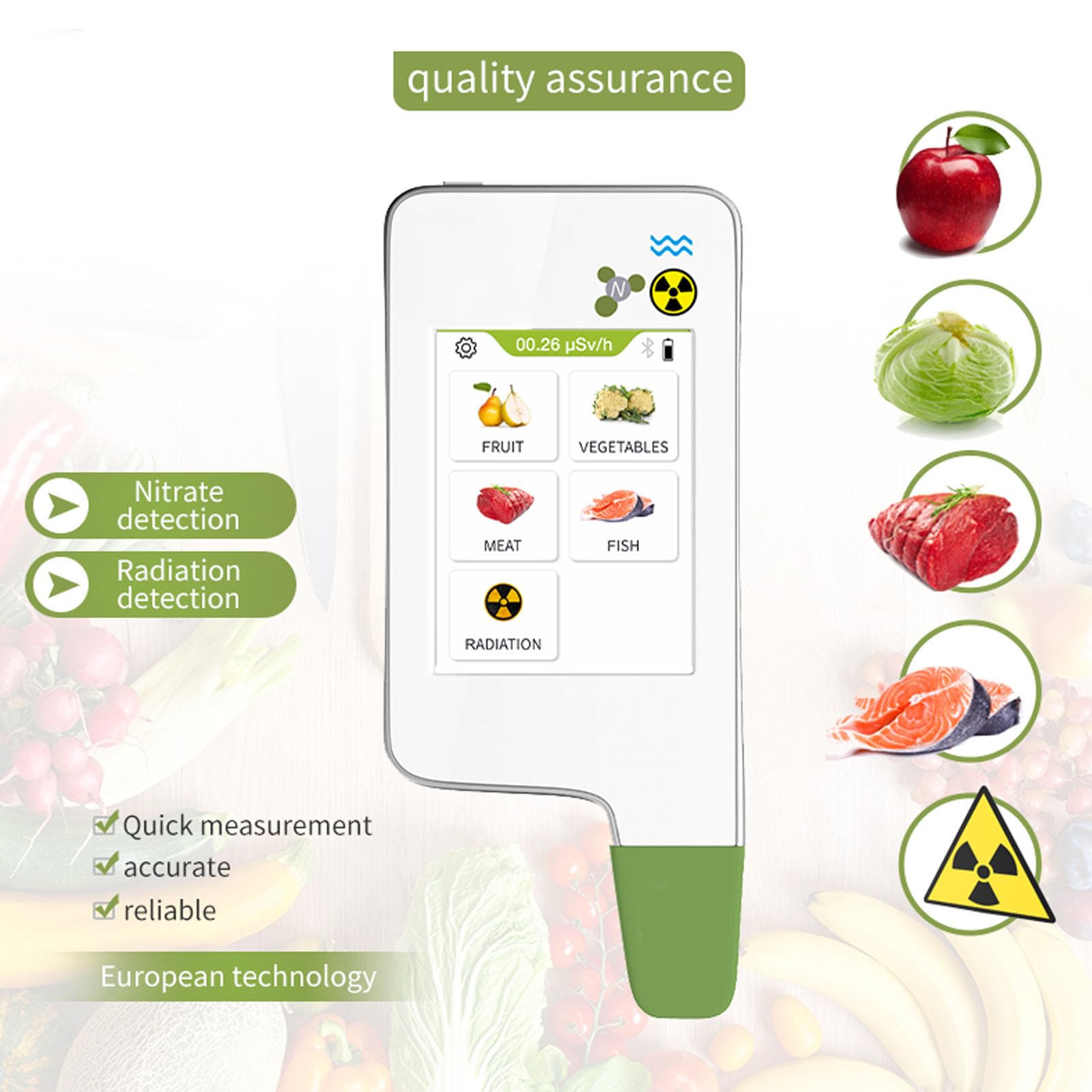 Medidor de Nitratos y Contador Geiger, Detector de Radiación Digital 2-en-1, Detección 0-9999mg/kg, Medidor de Radiación 0-99.99mSv/hr, Recargable para Mariscos, Frutas, Verduras (Blanco)