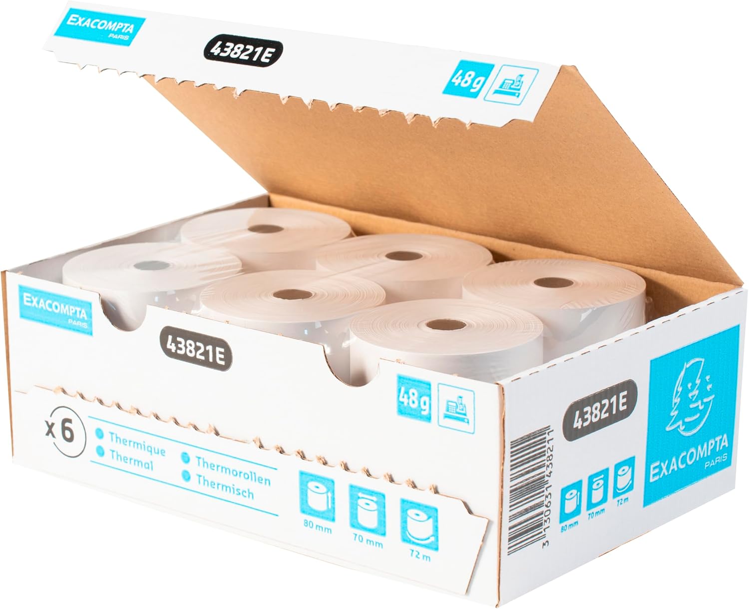 Exacompta - Ref 43821E - Box of 48 Rolls for Receipts - Width 80 mm x Diameter 70 mm - Mandrel 12 mm - 1 Thermal ply 48 g/m² BpA Free - Yardage (+ or - 2m): 72 m - White