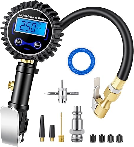 DigitPro Digital Tire Pressure Gauge with Inflator, 250 PSI Heavy Duty Air Chuck & Compressor Accessories with Quick Connect Coupler and Rubber Hose for Cars, Inflatables