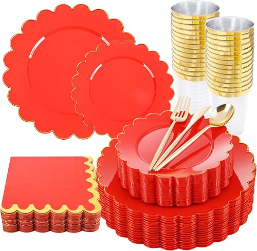 LIYH 210pcs Red Gold Scalloped Plastic Plates, Elegant Party Dinnerware | Heavy Duty Disposable Tableware Set with Silverware & Cups, BPA-Free, Perfect for 30 Guests, Elegant Birthday Decoration