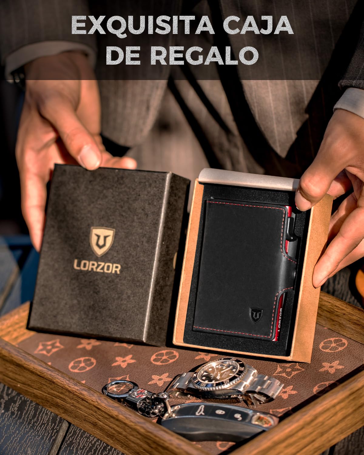 LORZOR Carteras para Hombre Pequeñas, Cartera Tarjetero Piel, Billeteras para Hombre con Bloqueo RFID, con Monedero & Compartimento para Billetes, Capacidad para 10 Tarjetas
