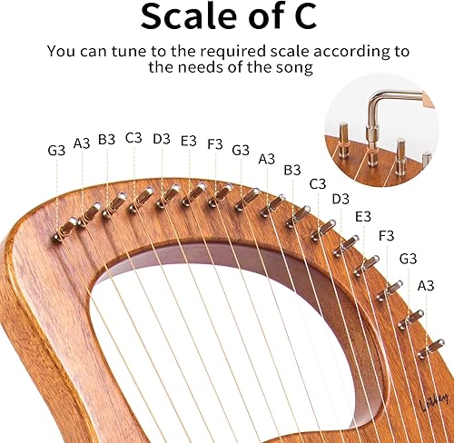 Miniatura 5 de Lotkey - Arpa de lira con 16 cuerdas de metal, arpa de lira de caoba con llave de ajuste, cuerdas de extracción, manual y bolsa de concierto