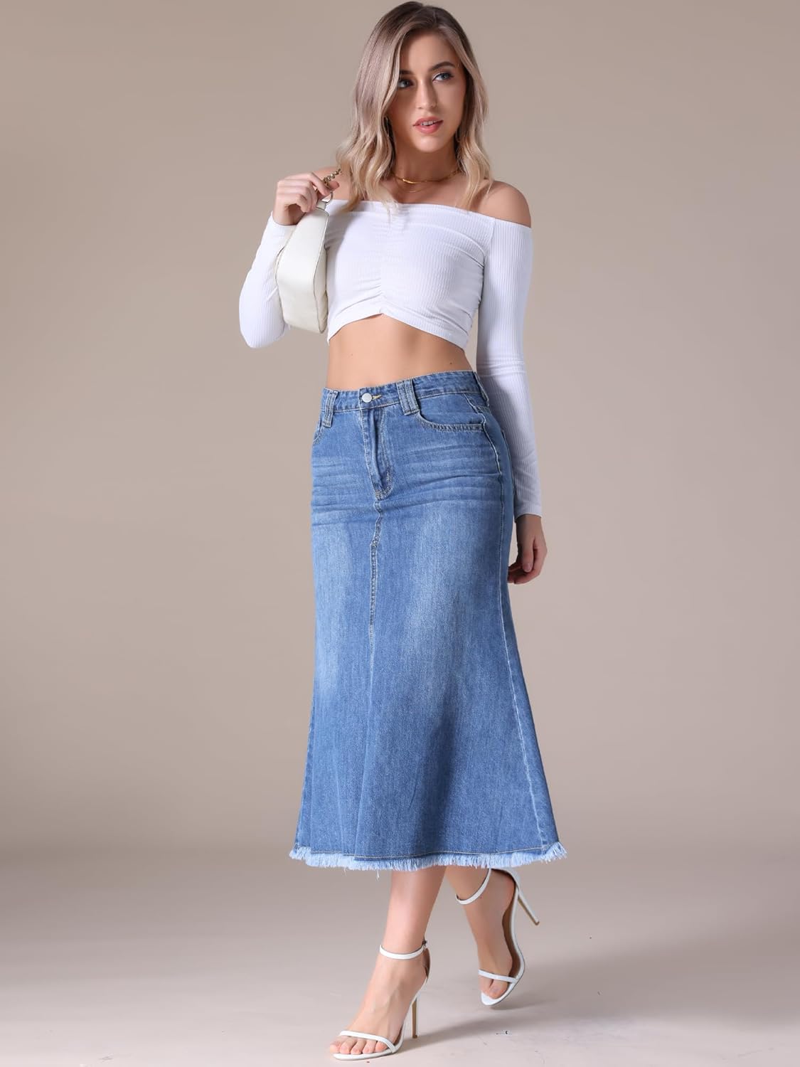 Women's Vintage Denim Midi Skirt High Waisted A-Line Slit Fishtail Long Jean Skirts - Image 2