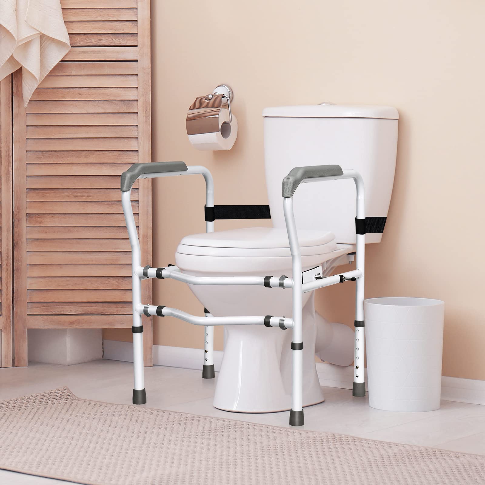 COSTWAY Supporto per WC, Supporto per WC con Altezza e Larghezza Regolabili e Dispositivi di Fissaggio Girevoli a 360°, Supporto per Bagno per Anziani Disabili