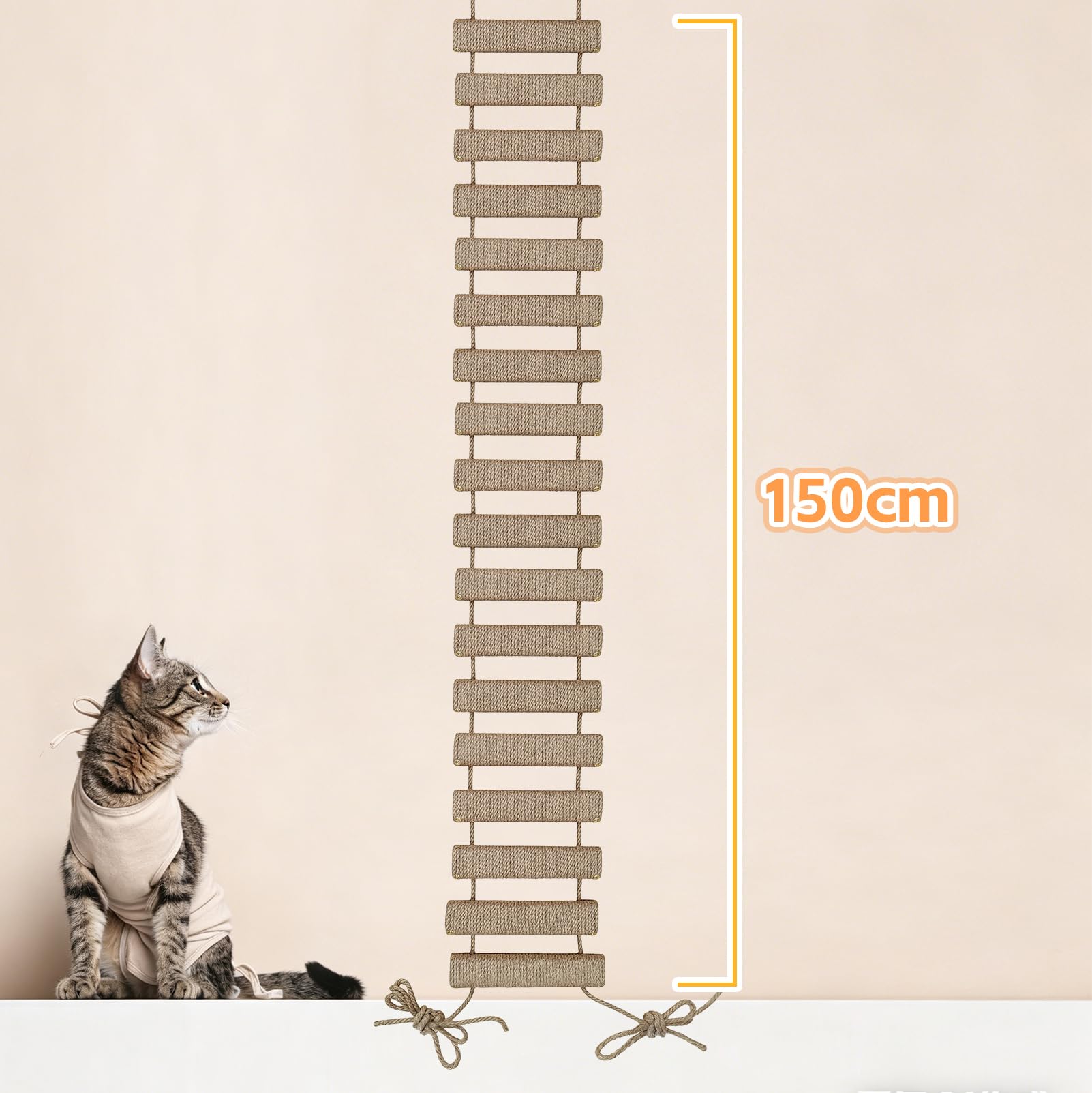 Katzenleiter 150 cm, Katzenleiterbrücke aus Holz & Sisalseil, Klettergerüst für Katzen, Aktivitätskratzbaum, Hängematte, Katzentreppe für Wand, Haustiermöbel, Khaki
