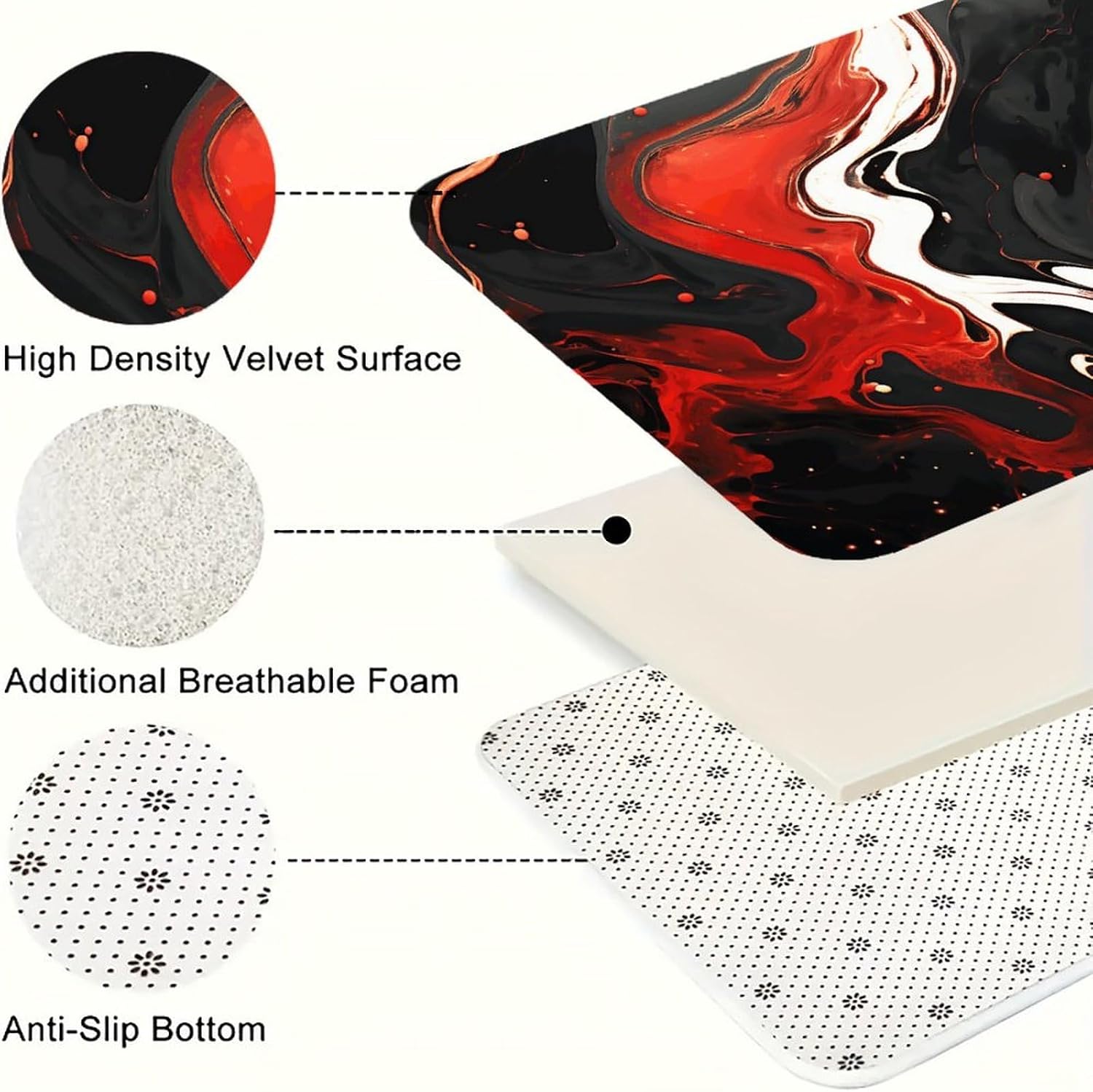Black and Red Marble Kitchen Mats for Floor 3 Pcs Kitchen Rugs