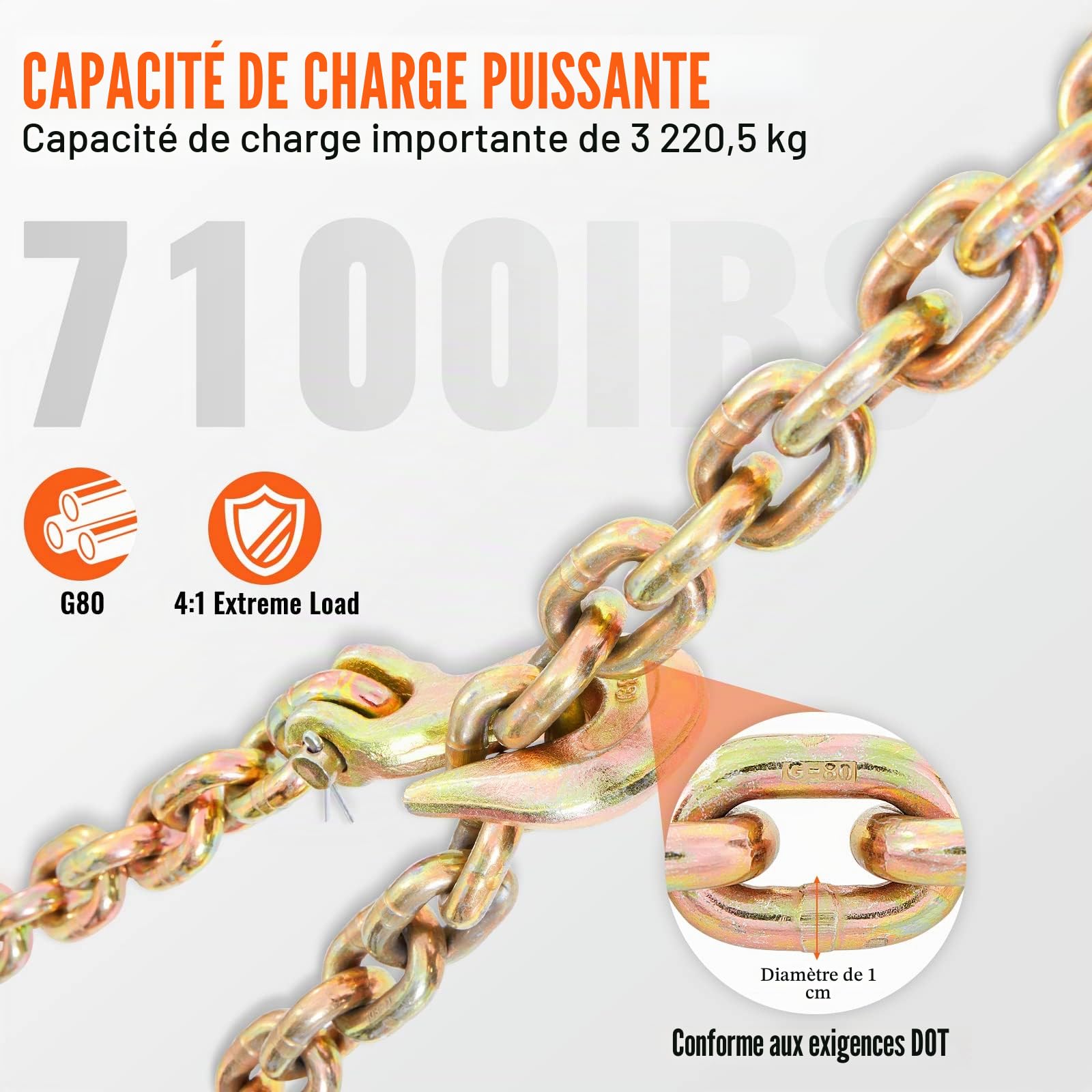 VEVOR Chaîne de Transport Crochets Lot de 2 Chaine de Reliure de Remorquage G80 Capacité Charge 3220 kg​​ 9,53 mm x 6 m Revêtement Galvanisé Acier au Manganèse pour Chantier de Construction Usine Quai