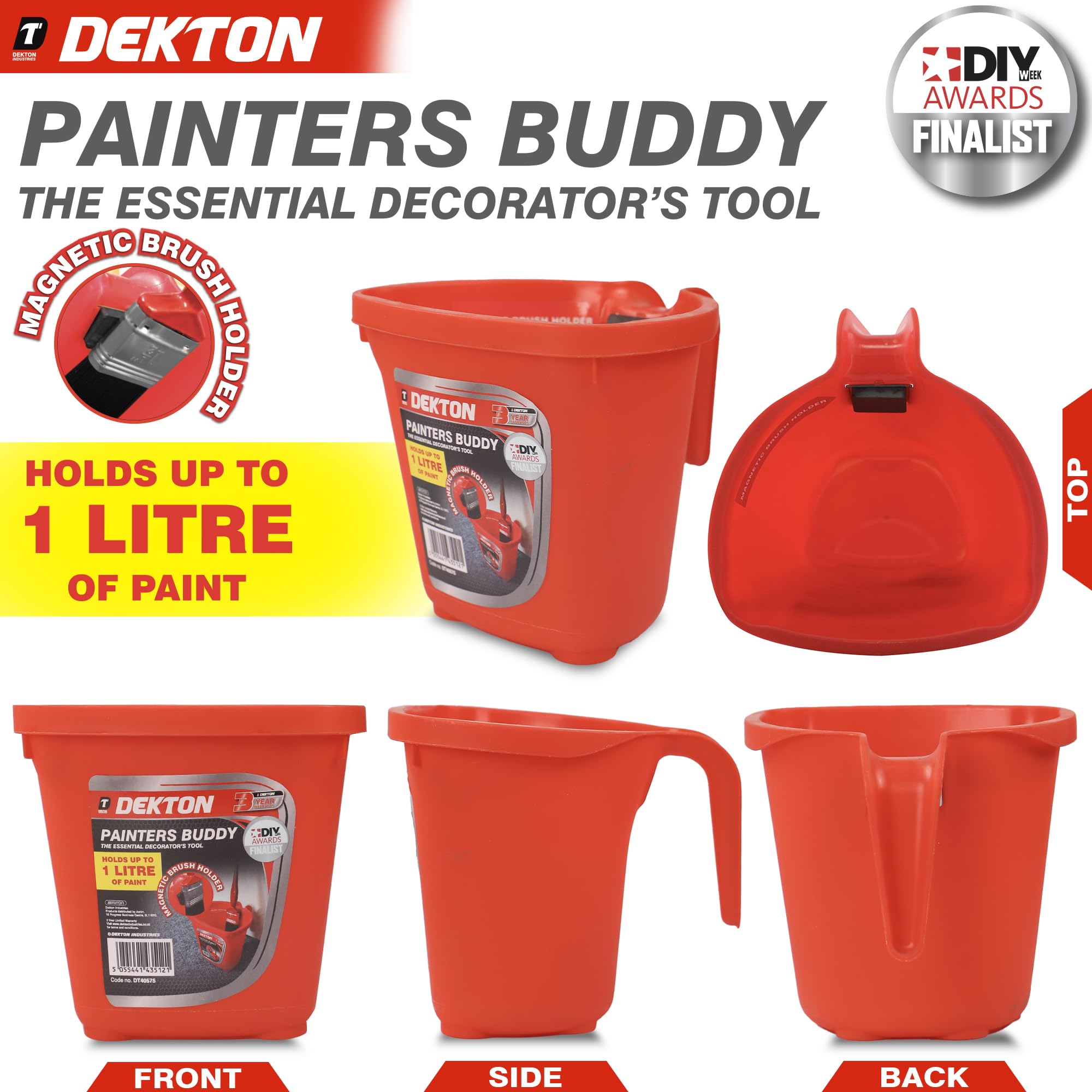 Dekton Painters Buddy – fasst bis zu 1 Liter Farbe, magnetischer Halter hält Pinsel frei von Farbe, Griff im Krug-Stil hat einen verstärkten Rücken mit weicher Außenseite für Stabilität, reduziert