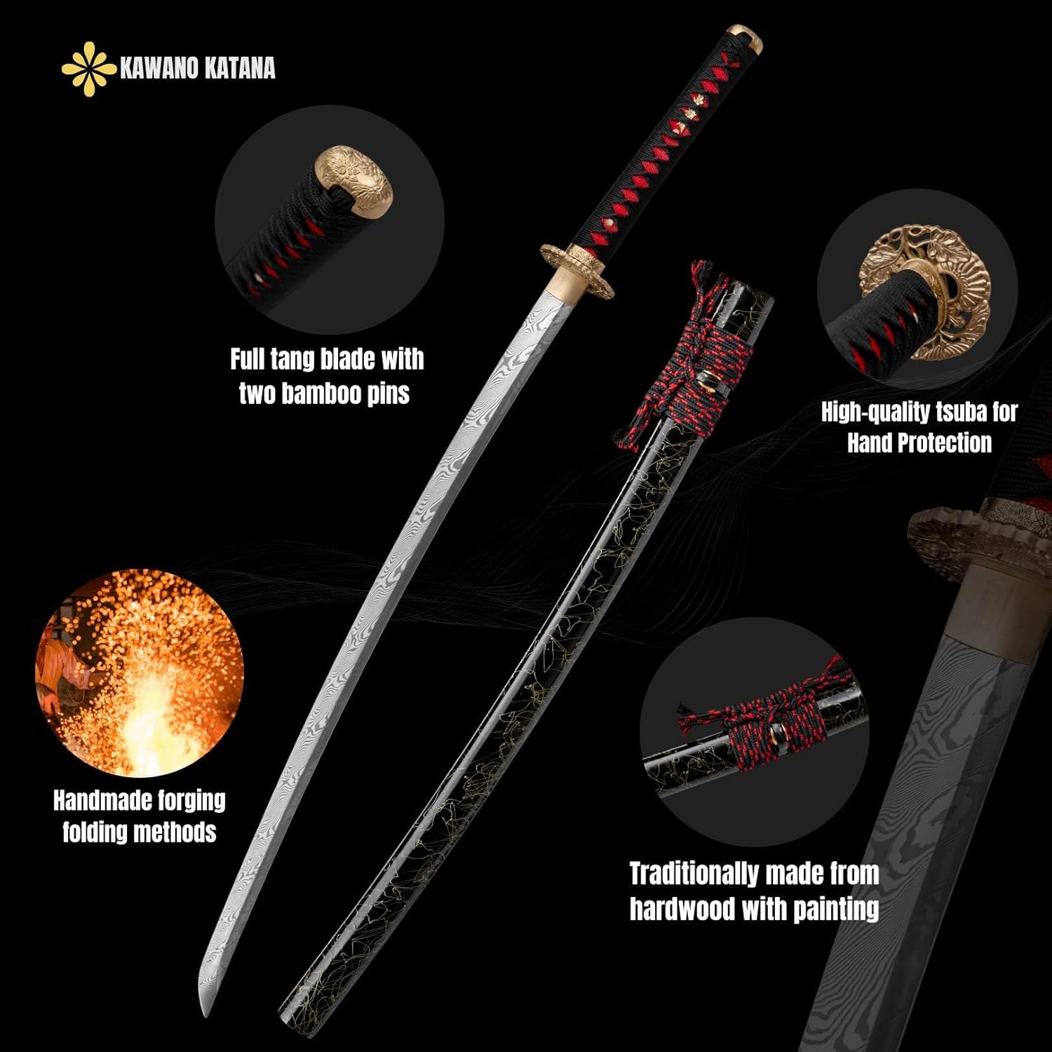 KAWANO Katana Sword, Japanese Handmade Damascus Steel Folded Samurai Sword, Functional Full Tang Blade Katana, Real Rayskin Handle with Gift Bag