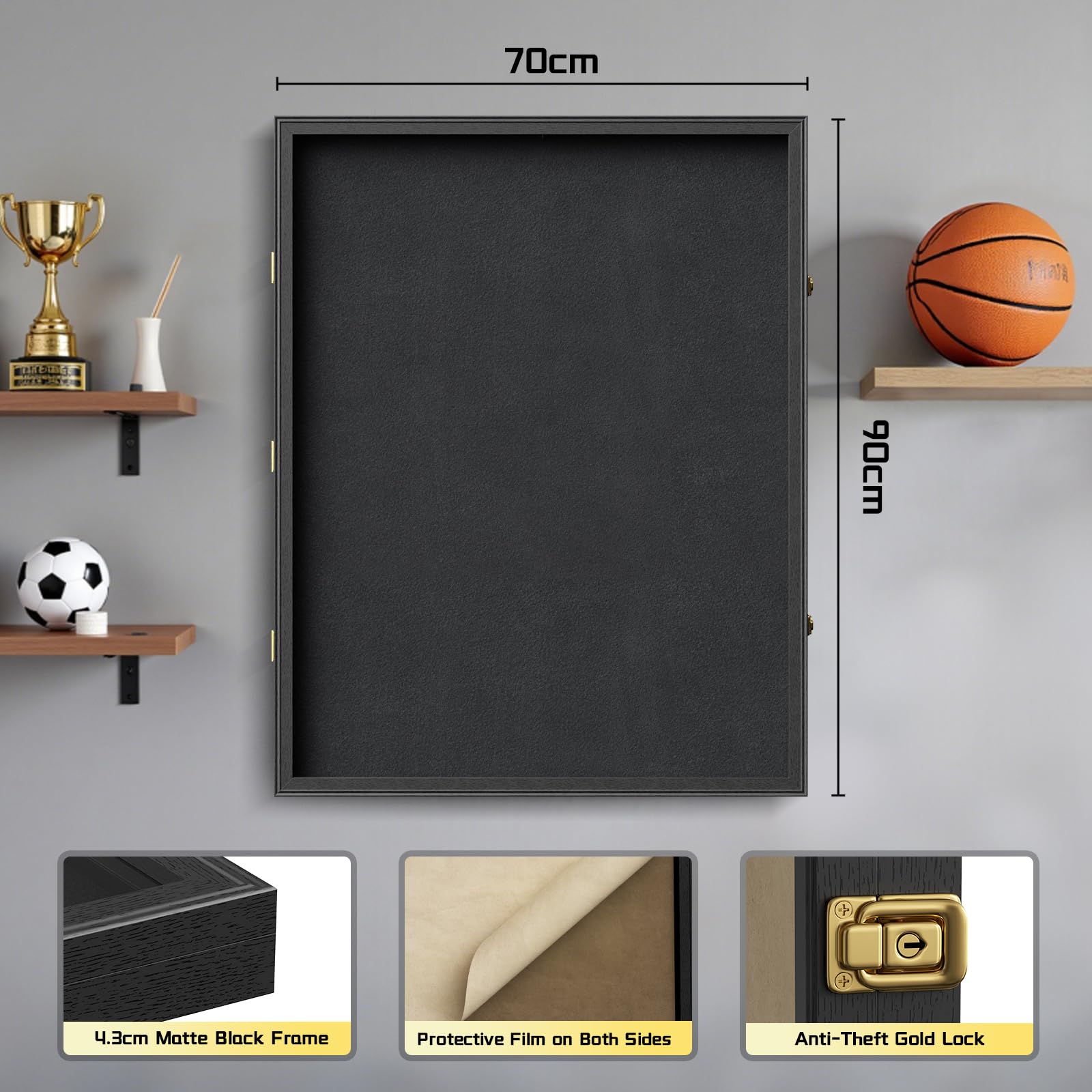 Trikotrahmen Fußball 70x90cm, Trikot Bilderrahmen, Schwarzer Bilderrahmen für Trikot mit Acrylglas und Sicherheitsschloss, zum Aufhängen, for XL Eishockey Fußball Basketball T Shirt