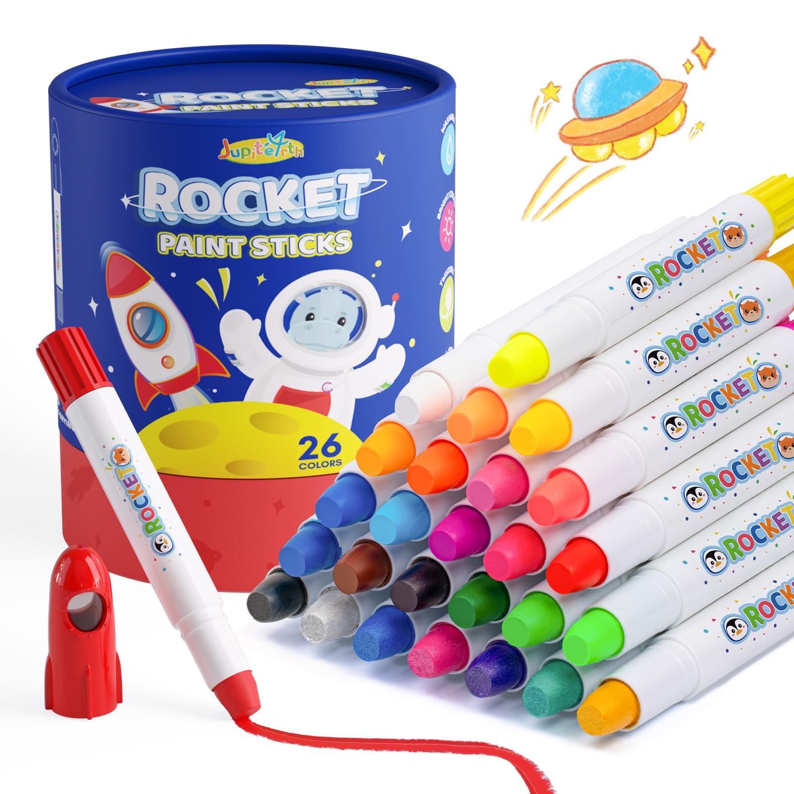 JUPITEARTH 26 Colors Rocket Tempera Paint Sticks with 120 PDF Coloring Pages, Quick Drying, Non-Toxic and Washable Paint Sticks for Kids and Students,